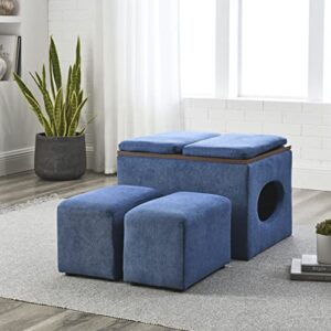 HomSof 25" W 5 Pieces Ottoman Bench Set,Modern Design Hollow Storage Ottoman, Upholstery Coffee Table, Two Small Footstools,Easy Storage and Wide Use,Waterproof,Oil-Proof,Scratch-Proof,Blue