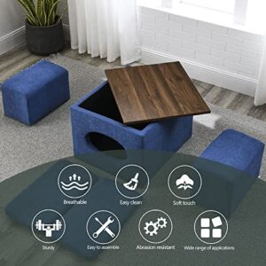 HomSof 25" W 5 Pieces Ottoman Bench Set,Modern Design Hollow Storage Ottoman, Upholstery Coffee Table, Two Small Footstools,Easy Storage and Wide Use,Waterproof,Oil-Proof,Scratch-Proof,Blue