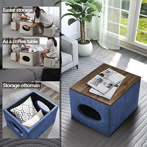 HomSof 25" W 5 Pieces Ottoman Bench Set,Modern Design Hollow Storage Ottoman, Upholstery Coffee Table, Two Small Footstools,Easy Storage and Wide Use,Waterproof,Oil-Proof,Scratch-Proof,Blue