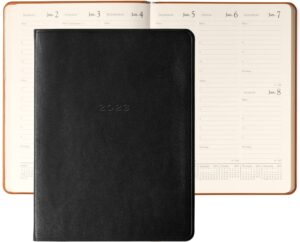 graphic image 2023 leather planner, desk diary agenda appointment book, luxury soft leather bound in the usa, 7x9", black