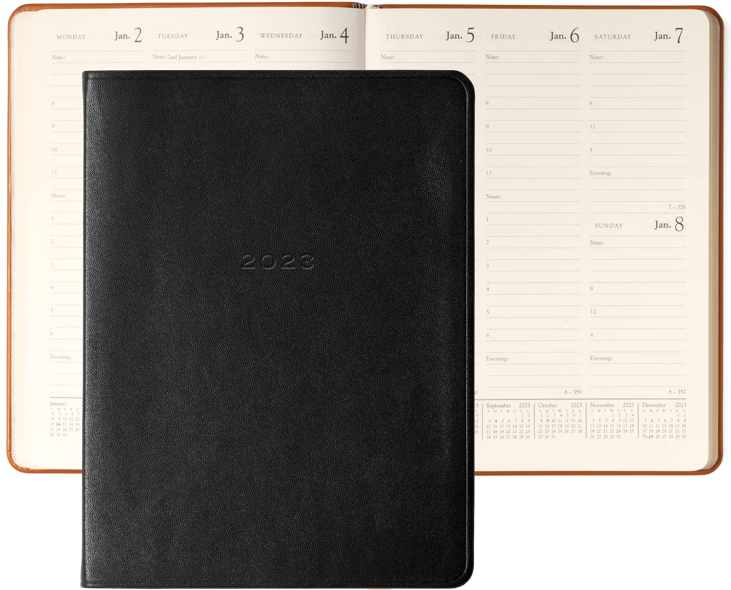 Graphic Image 2023 Leather Planner, Desk Diary Agenda Appointment Book, Luxury Soft Leather Bound in The USA, 7x9", Black