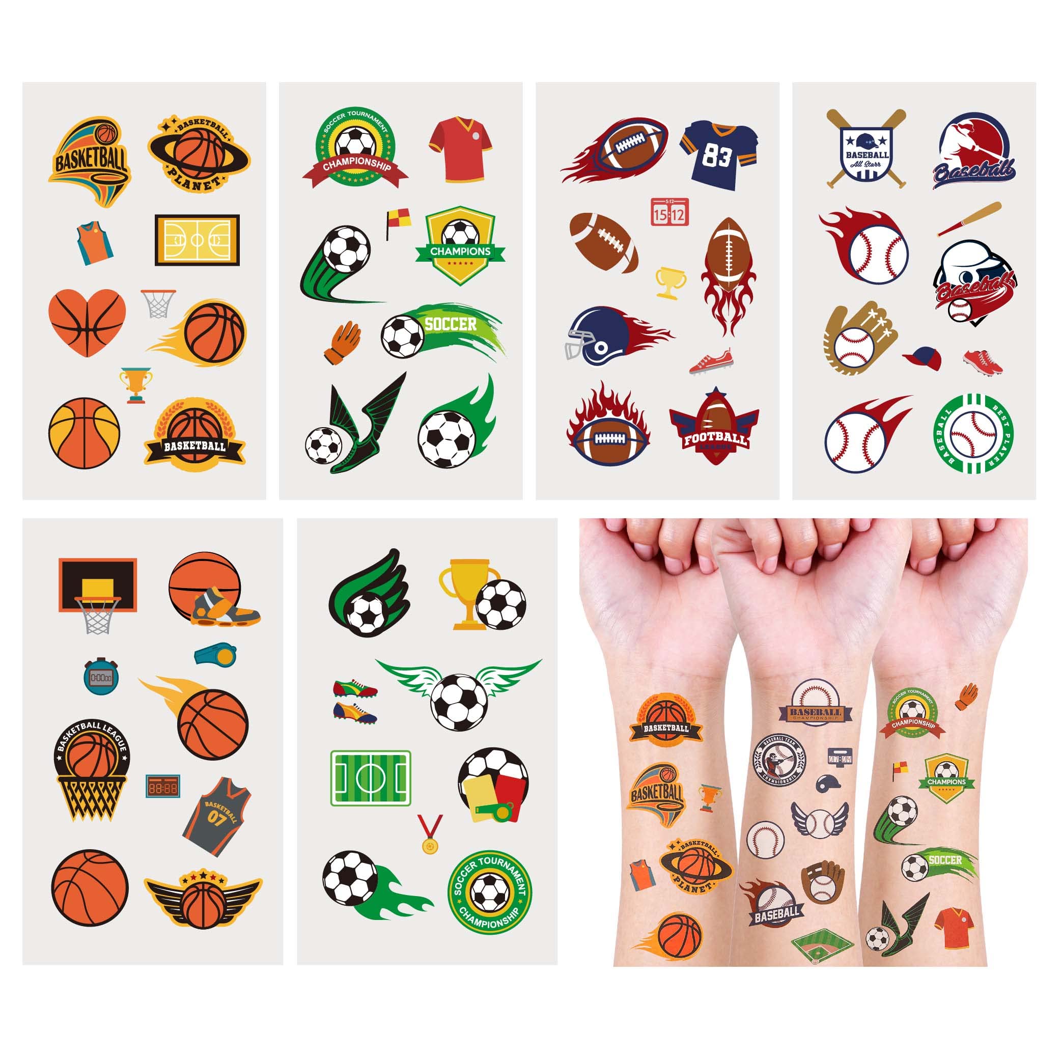 Cleverplay 24 Sheets Waterproof Temporary Tattoos, Sports Themed Party Favors, Birthday Decorations, Football Soccer Baseball Basketball