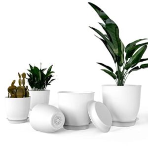 ipower plastic planter pots 5 pcs set 4.5-7.1 inch plant pot indoor modern decorative nursery with drainage holes and tray for all house plants, succulents, flowers, cactus or seedling, white