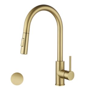 havin gold kitchen faucet with pull down sprayer, high arc stainless steel material, with cupc ceramic cartridge,without deck plate,fit for 1 hole kitchen sink or laundry sink,brushed gold