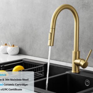 Havin Gold Kitchen Faucet with Pull Down Sprayer, High Arc Stainless Steel Material, with cUPC Ceramic Cartridge,Without Deck Plate,Fit for 1 Hole Kitchen Sink or Laundry Sink,Brushed Gold