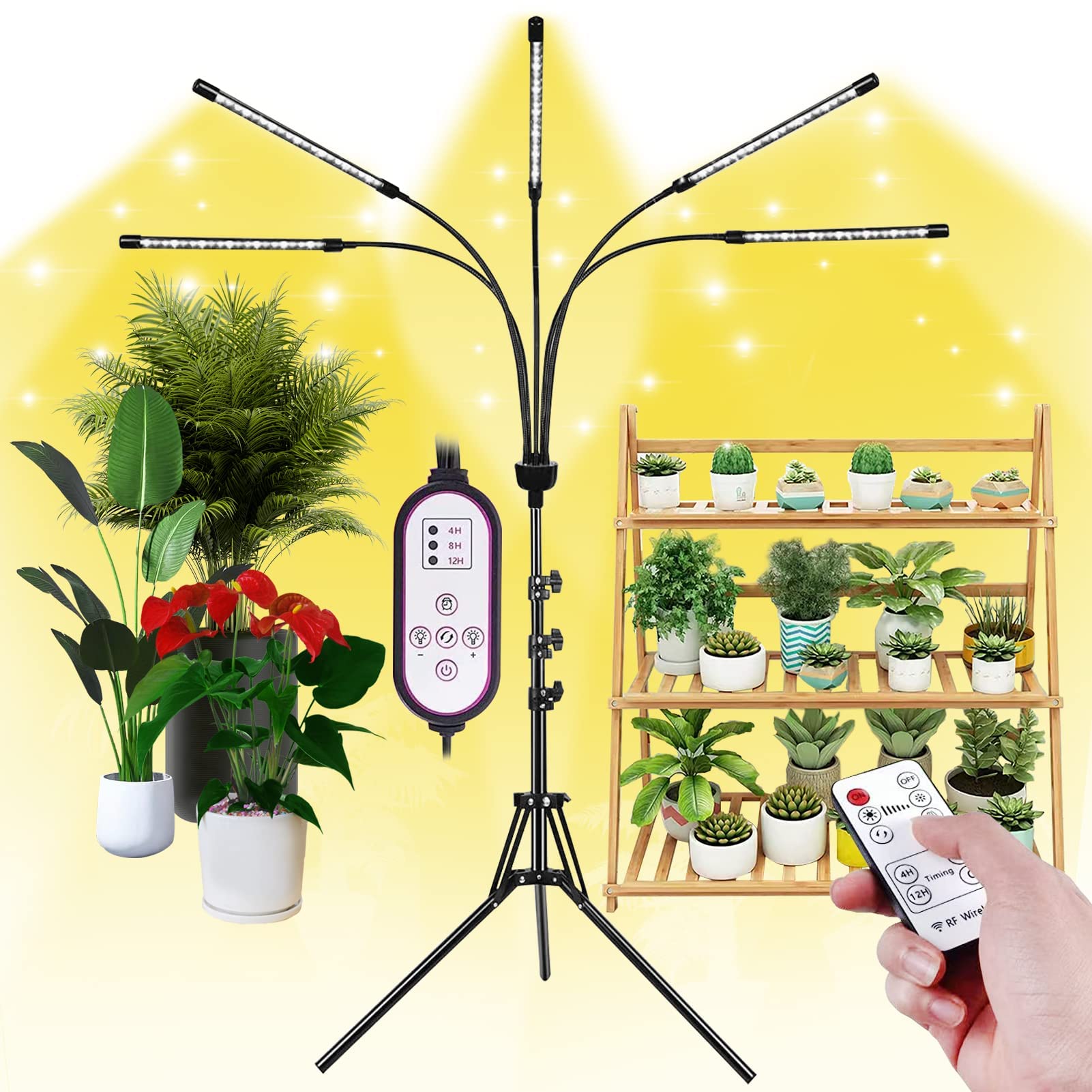 zyzykeji Grow Lights for Indoor Plants,5 Heads Plant Lights for Indoor Plant,LED Full Spectrum Plant Lights,Adjustable Plant Grow Light,4/8/12H Timer,Warm White Grow Lamp for Various Plant