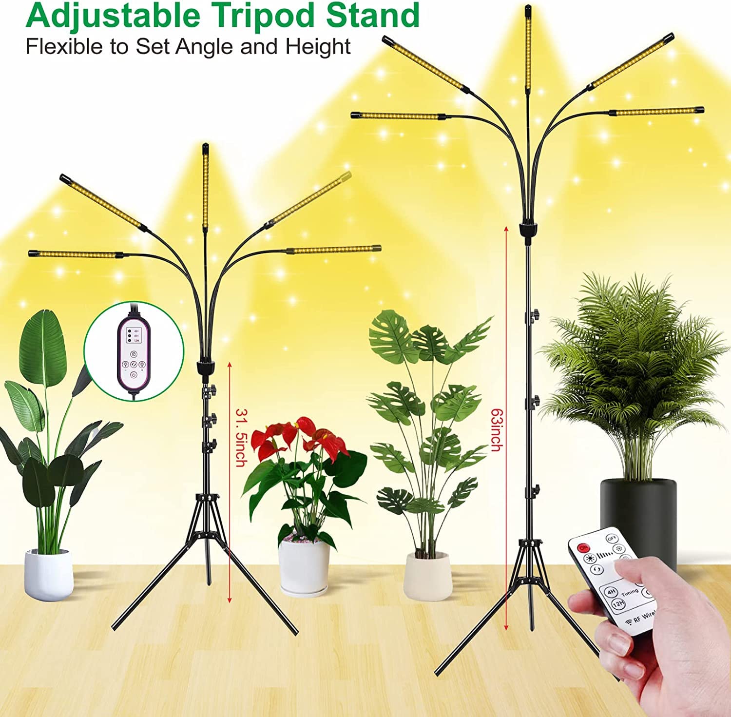 zyzykeji Grow Lights for Indoor Plants,5 Heads Plant Lights for Indoor Plant,LED Full Spectrum Plant Lights,Adjustable Plant Grow Light,4/8/12H Timer,Warm White Grow Lamp for Various Plant