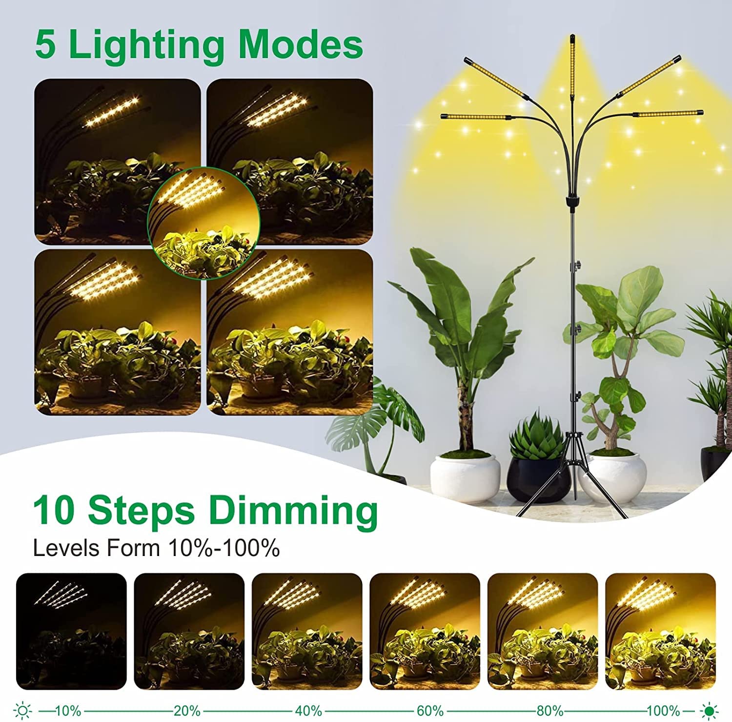 zyzykeji Grow Lights for Indoor Plants,5 Heads Plant Lights for Indoor Plant,LED Full Spectrum Plant Lights,Adjustable Plant Grow Light,4/8/12H Timer,Warm White Grow Lamp for Various Plant