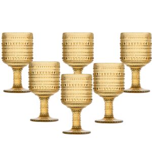 vintage wine glasses set of 6, 10 ounce colored glass water goblets, unique embossed pattern high clear stemmed glassware wedding party bar drinking cups 6 pack golden amber beads