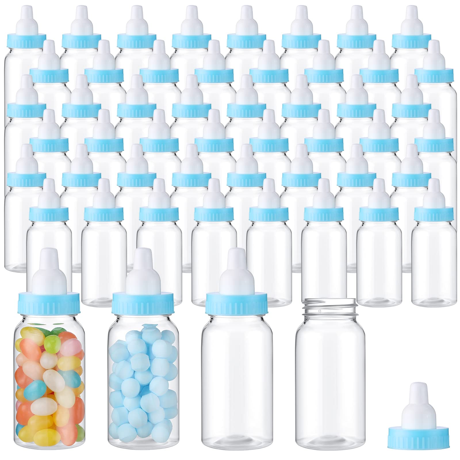 48 Pcs 4.5 Inch Baby Bottle Shower Favor Mini Plastic Candy Bottle Baby Shower Bottles Fillable Feeding Bottle Candy Box for Party Boy Girl Birthday Newborn Baby Baptism with Removable Blue Tops