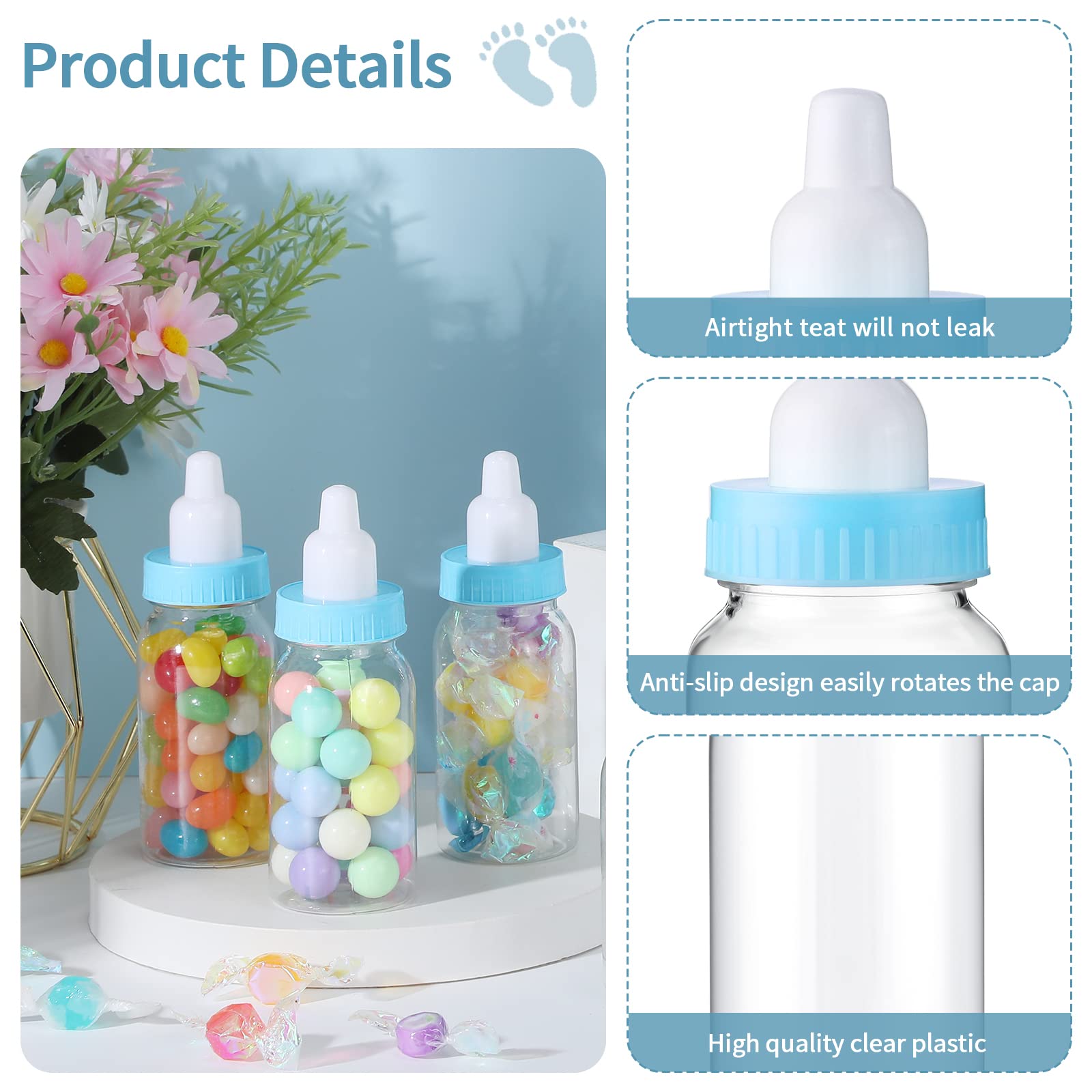 48 Pcs 4.5 Inch Baby Bottle Shower Favor Mini Plastic Candy Bottle Baby Shower Bottles Fillable Feeding Bottle Candy Box for Party Boy Girl Birthday Newborn Baby Baptism with Removable Blue Tops