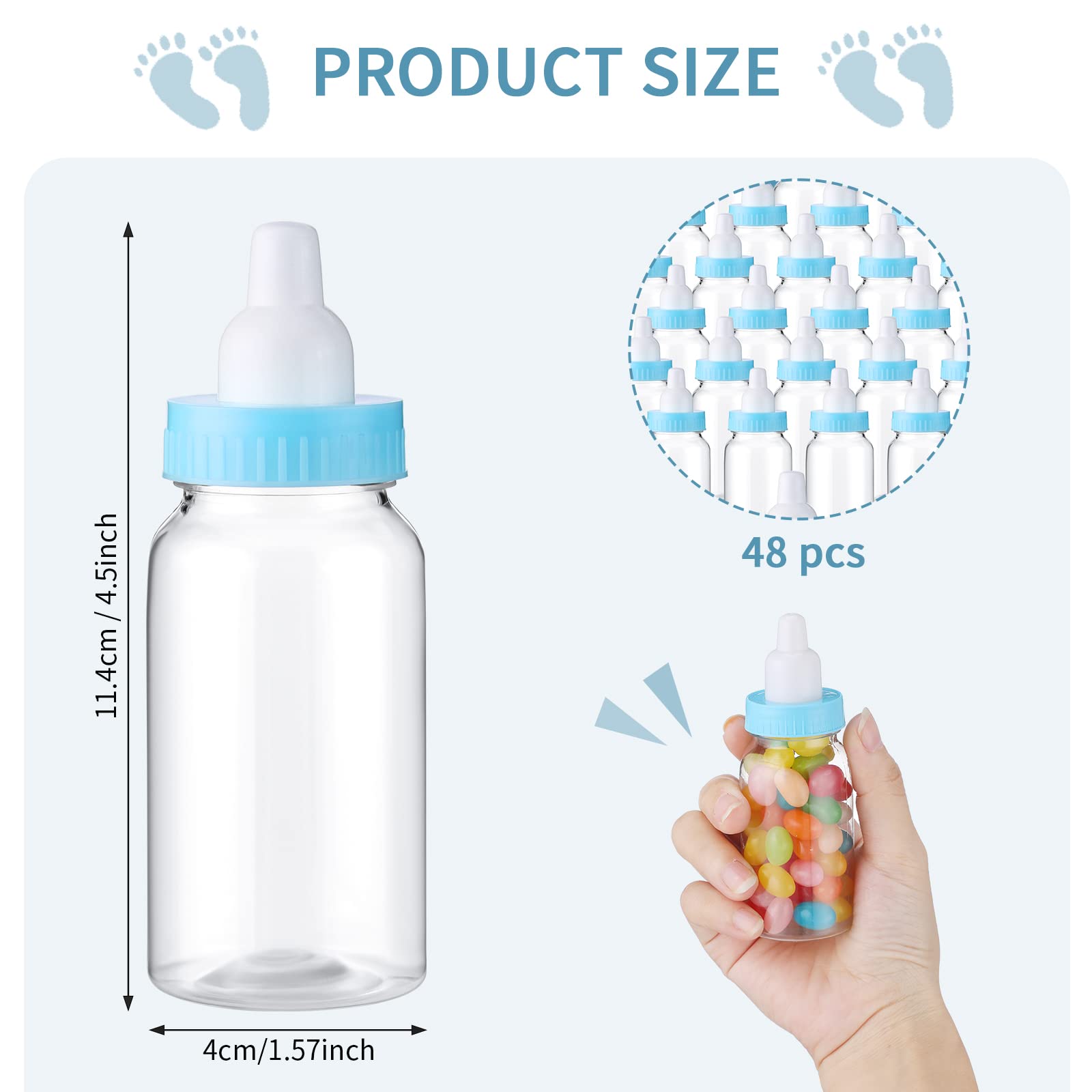 48 Pcs 4.5 Inch Baby Bottle Shower Favor Mini Plastic Candy Bottle Baby Shower Bottles Fillable Feeding Bottle Candy Box for Party Boy Girl Birthday Newborn Baby Baptism with Removable Blue Tops