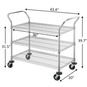Finnhomy 3-Tier Commercial Grade Rolling Cart, Heavy Duty Utility Cart, Carts with Wheels and Double Side Handles, Kitchen Cart Trolley on Wheels, Metal Serving Cart with 500 lbs Capacity, NSF Listed