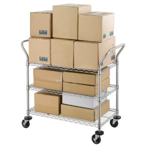 Finnhomy 3-Tier Commercial Grade Rolling Cart, Heavy Duty Utility Cart, Carts with Wheels and Double Side Handles, Kitchen Cart Trolley on Wheels, Metal Serving Cart with 500 lbs Capacity, NSF Listed