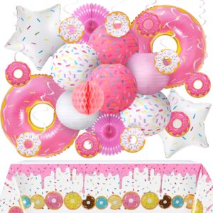 24 pcs donut birthday party decorations, donut theme table cover, 8 donut paper lanterns, honeycomb ball, 2 party paper fans, 10 donut hanging swirl, 4 donut balloons garland for baby shower party
