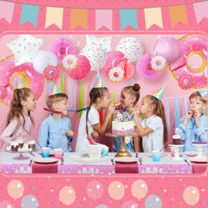24 Pcs Donut Birthday Party Decorations, Donut Theme Table Cover, 8 Donut Paper Lanterns, Honeycomb Ball, 2 Party Paper Fans, 10 Donut Hanging Swirl, 4 Donut Balloons Garland for Baby Shower Party