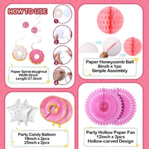 24 Pcs Donut Birthday Party Decorations, Donut Theme Table Cover, 8 Donut Paper Lanterns, Honeycomb Ball, 2 Party Paper Fans, 10 Donut Hanging Swirl, 4 Donut Balloons Garland for Baby Shower Party