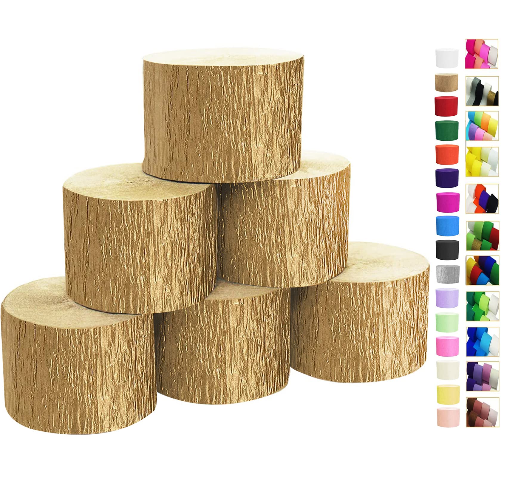 Gold Crepe Paper Streamers 6 Rolls for Party Streamers Decorations Birthday Wedding Baby Bridal Shower Backdrop Craft Supplies (1.8 Inch x 82 Ft/Roll，492ft)