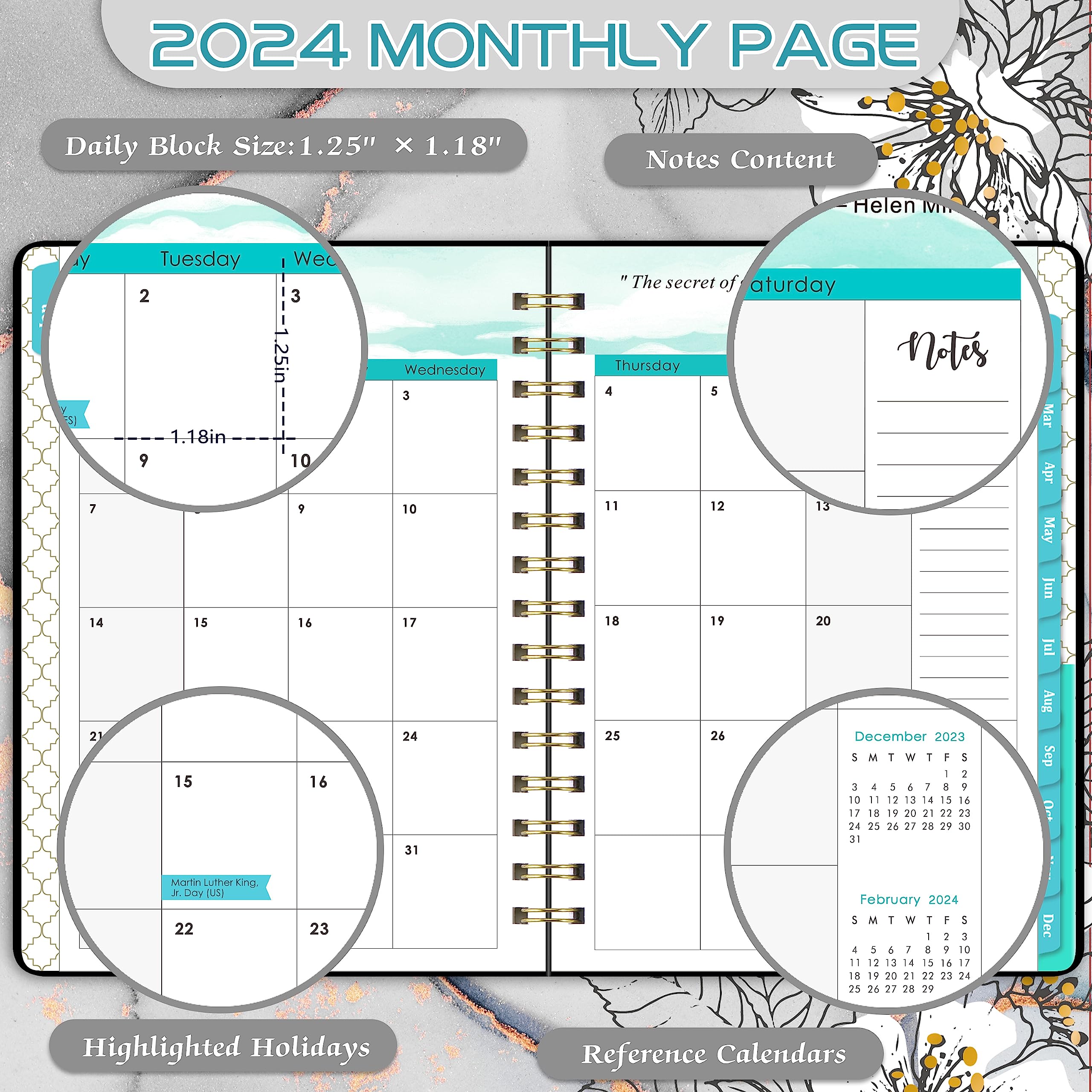 2024 Planner - January 2024 - December 2024, Weekly & Monthly Planner with Tabs, 6.3" x 8.4", Hardcover with Back Pocket + Thick Paper + Twin-Wire Binding - Gray