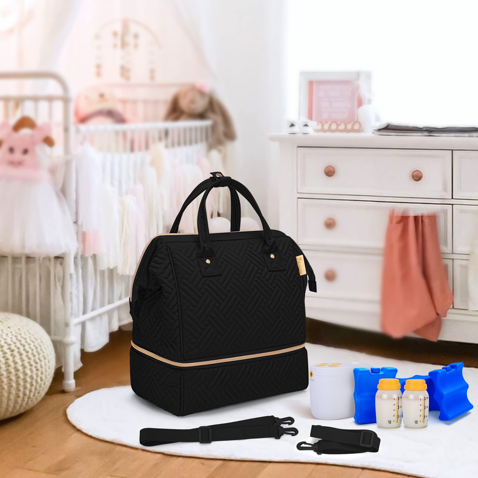 Fasrom Small Breast Pump Bag Backpack with Cooler Compatible with Elvie and Medela Pumps, Wearable Pumping Tote Bag with Waterproof Mat for Working Moms (Patent Design), Black