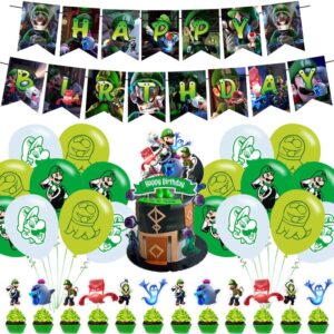 luigi mansion birthday party decorations, halloween horror theme party supplies with happy birthday banner, cake toppers, balloons for kids adults party favors