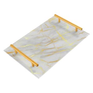vanity tray white marble with golden decorative tray bathroom acrylic jewelry perfume trays with handle makeup dresser cosmetic bedroom kitchen, 12x8 in