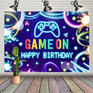 7x5ft game on happy birthday backdrop game night background colorful video game bday for boy party decoration neon theme level up playstation glow gamer photography supplies photo booth props