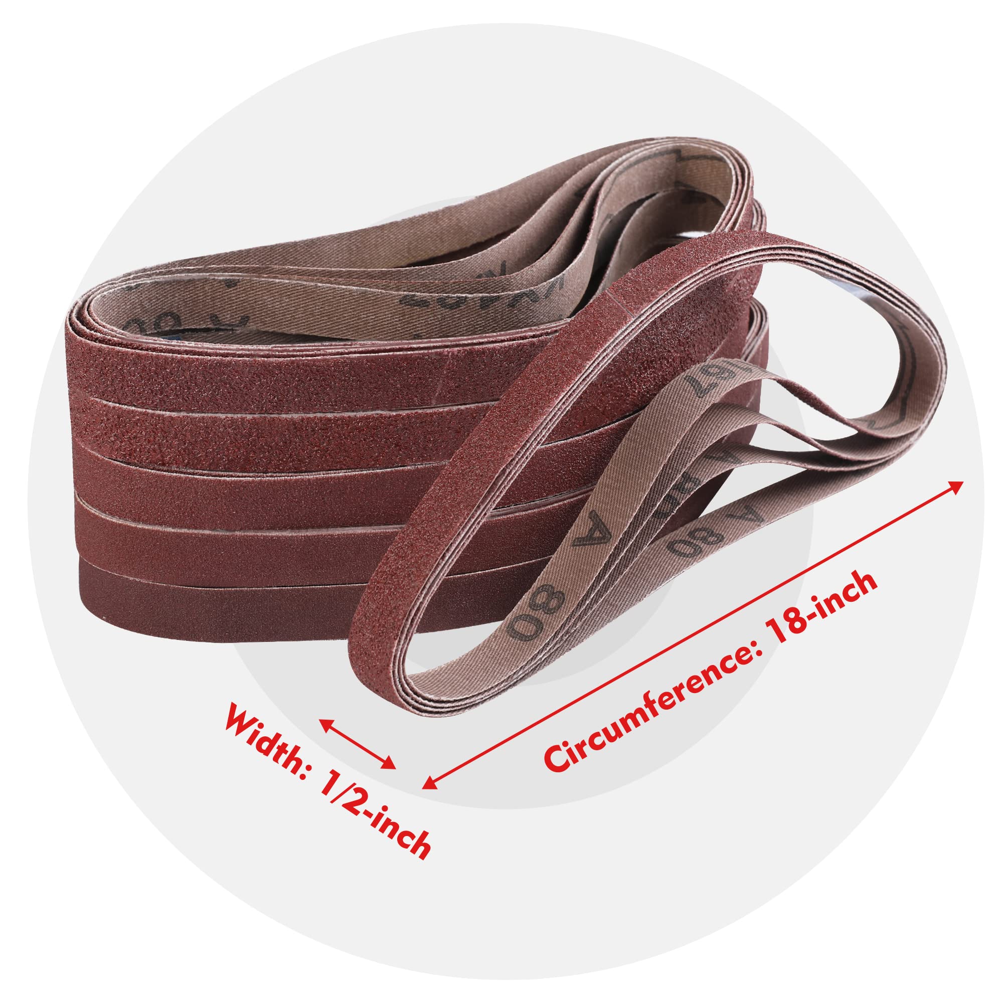 WORKPRO 24 Pack 1/2 x 18 Inch Sanding Belts, Aluminum Oxide Abrasive Belts, 4 Each of 40/60/80/120/180/240 Grits, Belt Sander Tool for Woodworking, Metal Polishing, Red