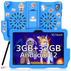 10.1 inch kids tablet with eye protection,android 12 tablet for kids,1280x800 hd ips,3gb+32gb,6000mah dual camera wifi bluetooth tablet,children tablet with shock-proof case youtube netflix(blue)