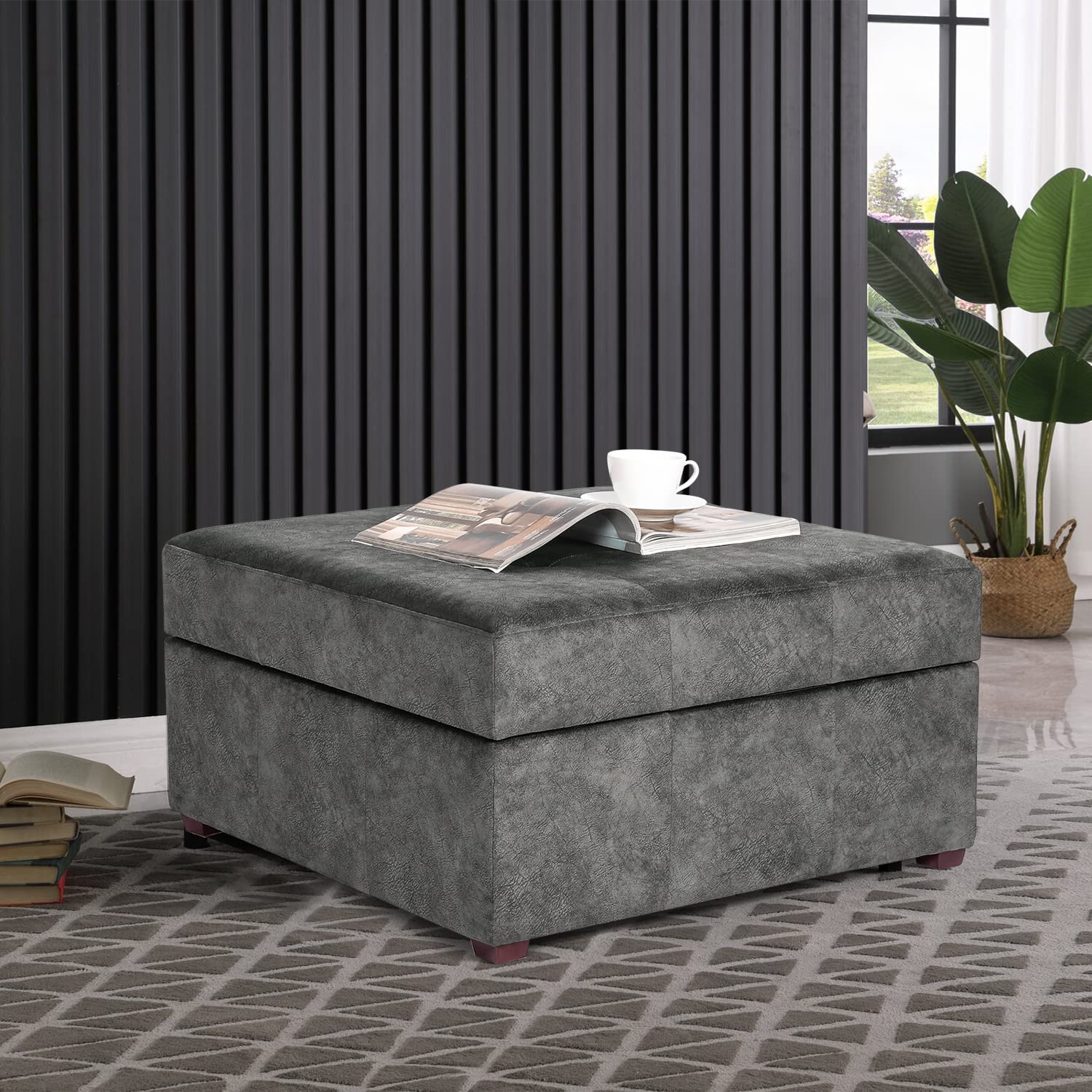 Homebeez Fabric Button Tufted Storage Ottoman Bench, Square Coffee Table Footstool Footrest with Wood Legs for Living Room (Gray)