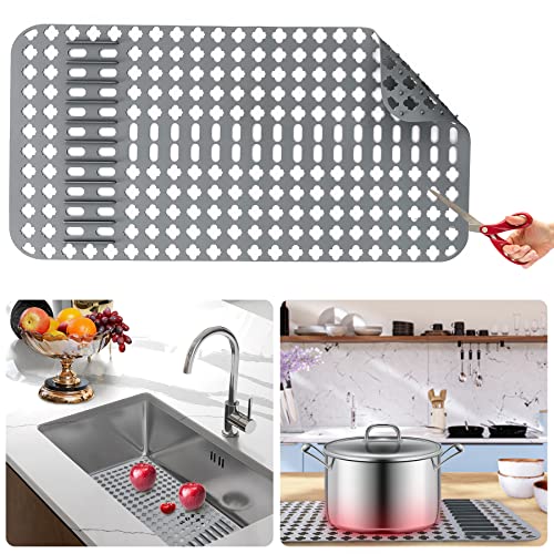 Kitchen Sink Mat, Sink Protectors for Kitchen Sink, DIY Silicone Sink Mat 25”x13” Non-Slip Folding Sink Grates for Bottom of Farmhouse Stainless Steel Porcelain Sink, Can Be Cut to Any Size Grey-1 PCS