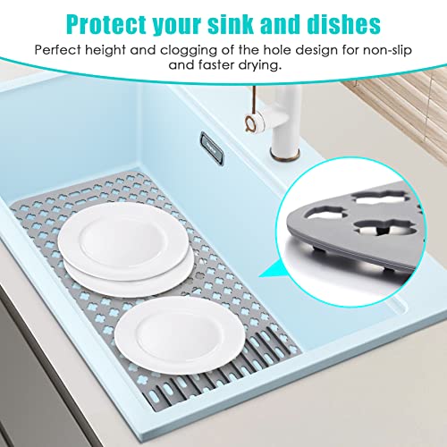 Kitchen Sink Mat, Sink Protectors for Kitchen Sink, DIY Silicone Sink Mat 25”x13” Non-Slip Folding Sink Grates for Bottom of Farmhouse Stainless Steel Porcelain Sink, Can Be Cut to Any Size Grey-1 PCS