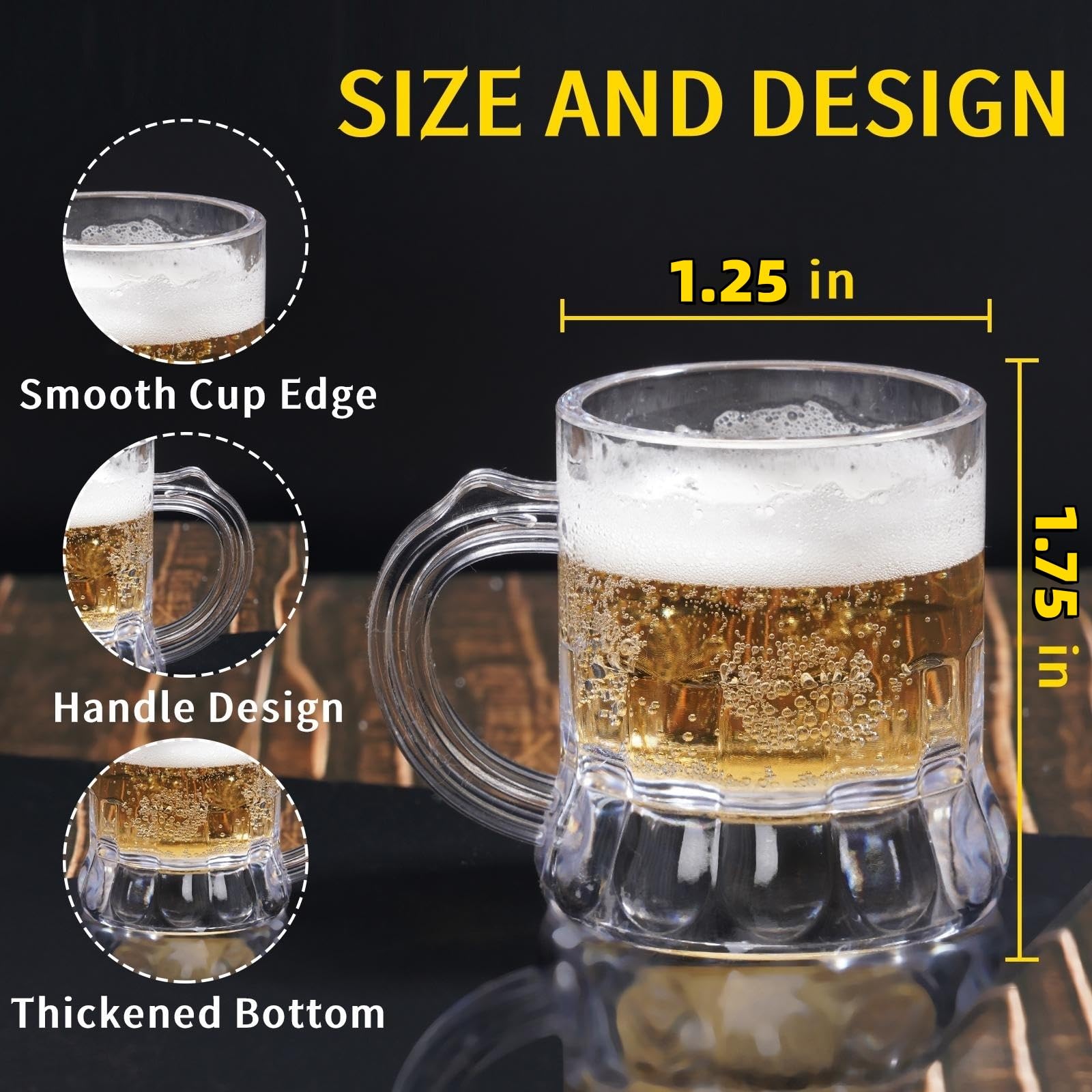 YAXINRUI Mini Beer Mug Shot Glasses, 1 oz Beer Shot Glasses Plastic Beer Mug Shot Beer Tasting Glasses for Beer Fest, Birthday Weddings Party Supplies, BBQ and Picnics (1.75'' Tall, 12 Pieces)