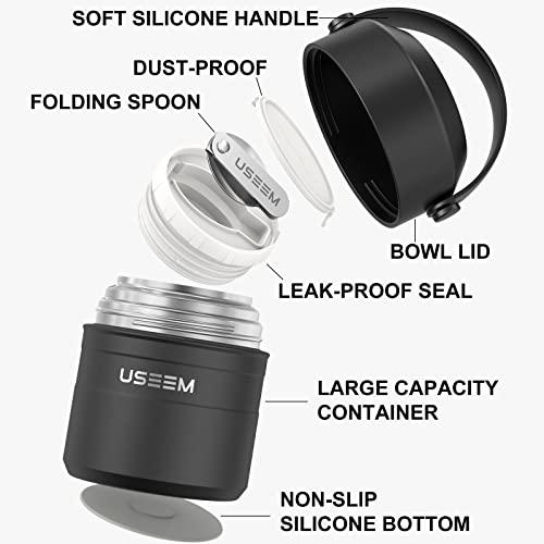 Lingtoolator unce Vacuum Insulated Food Jar, 316L Stainless Steel Leak Proof Soup Thermal, Cold Hot Food Container with Folding Spoon, Bowl Lid and Silicone Handle for Kids, Adu