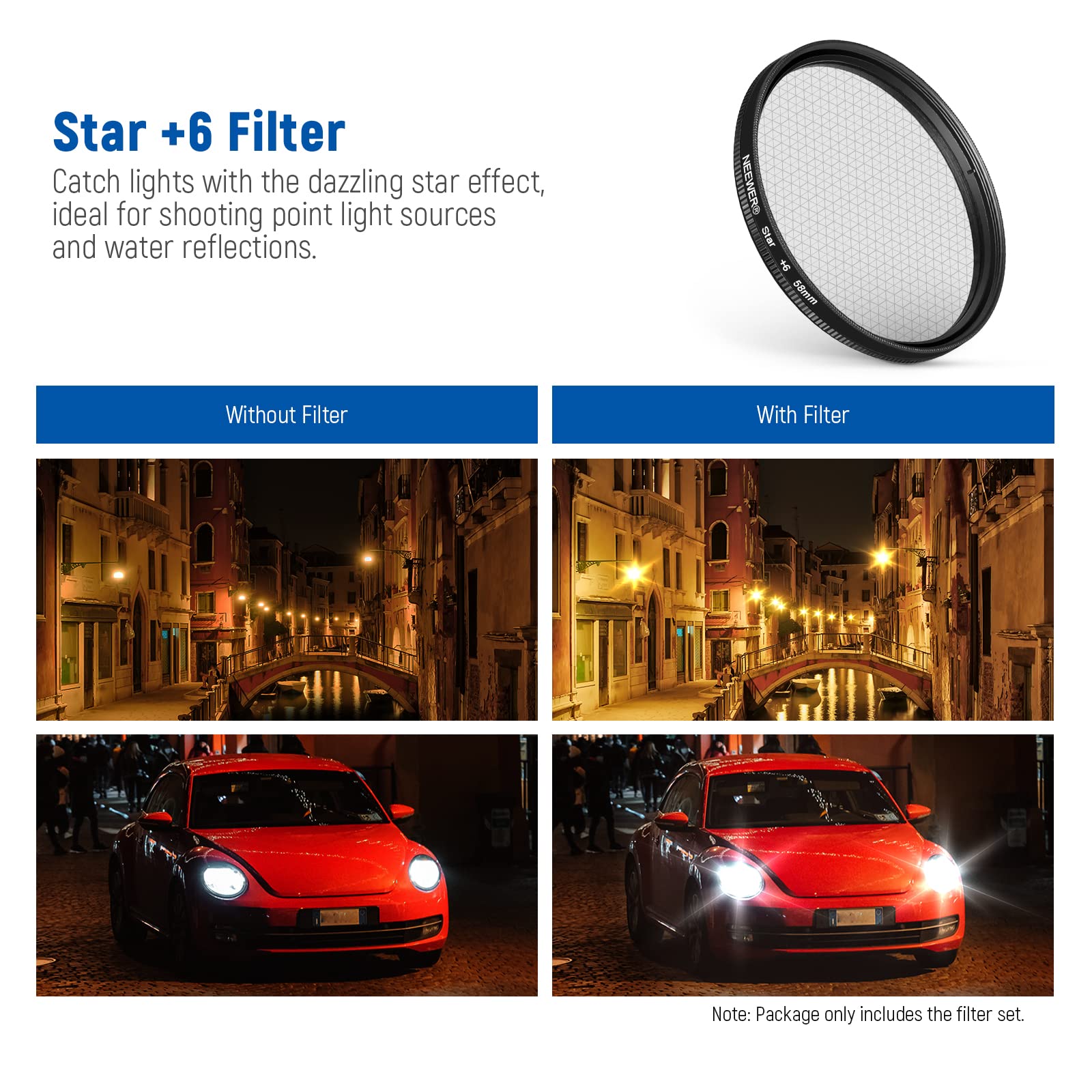 NEEWER 58 mm Lens Filter Kit with Mobile Phone Lens Clip, CPL, ND32, 6 Point Star Filter, Graduated Filter (4 Colours), Compatible with iPhone 15 14 Pro Max 13 12 11 & Canon Nikon Sony Cameras