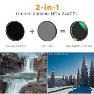 K&F Concept 67mm ND4-64 (2-6 Stops) ND Lens Filter Variable & CPL Polarizers Filter 2-in-1, 28 Multi-Coated Polarizing and Neutral Density Camera Lens Filter (Nano-X Series)