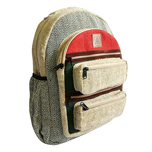 Ojas Yatra Large Hemp Backpack - Green & Red - Pure Natural Hemp Cotton Backpacks for Men & Women - Multi Pocket Organic Himalayan Hemp Bag packs for Laptop, Travel & Hiking - Bohemian/Hippie Bags