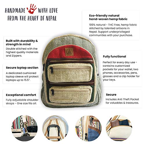 Ojas Yatra Large Hemp Backpack - Green & Red - Pure Natural Hemp Cotton Backpacks for Men & Women - Multi Pocket Organic Himalayan Hemp Bag packs for Laptop, Travel & Hiking - Bohemian/Hippie Bags