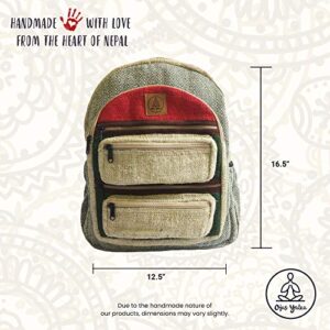 Ojas Yatra Large Hemp Backpack - Green & Red - Pure Natural Hemp Cotton Backpacks for Men & Women - Multi Pocket Organic Himalayan Hemp Bag packs for Laptop, Travel & Hiking - Bohemian/Hippie Bags