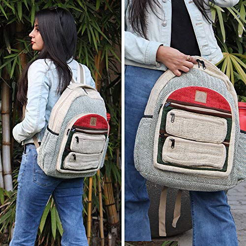 Ojas Yatra Large Hemp Backpack - Green & Red - Pure Natural Hemp Cotton Backpacks for Men & Women - Multi Pocket Organic Himalayan Hemp Bag packs for Laptop, Travel & Hiking - Bohemian/Hippie Bags