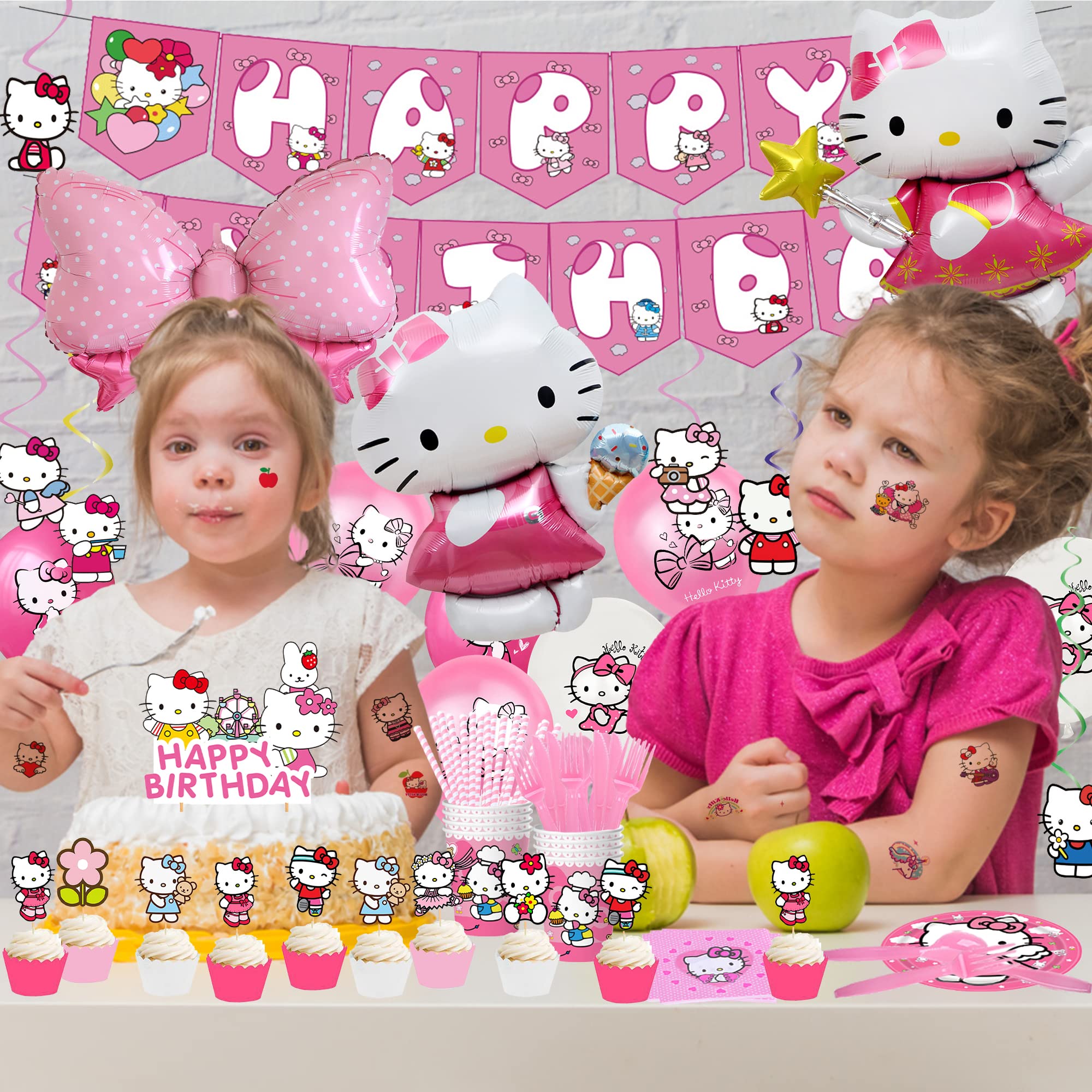 Kitty Birthday Party Supplies, 200 Pcs Cute Kitten Party Favor Pink Party Decorations includes Cake Topper, Tableware, Kitten Foils Balloons, Tattoos Stickers, Hanging Swirl