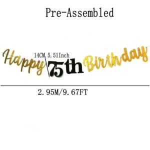 Glitter Happy 75th Birthday Banner, Black and Gold Happy 75th Birthday Banner Sign, 75th Birthday Party Decorations Supplies Pre - Strung (Black)