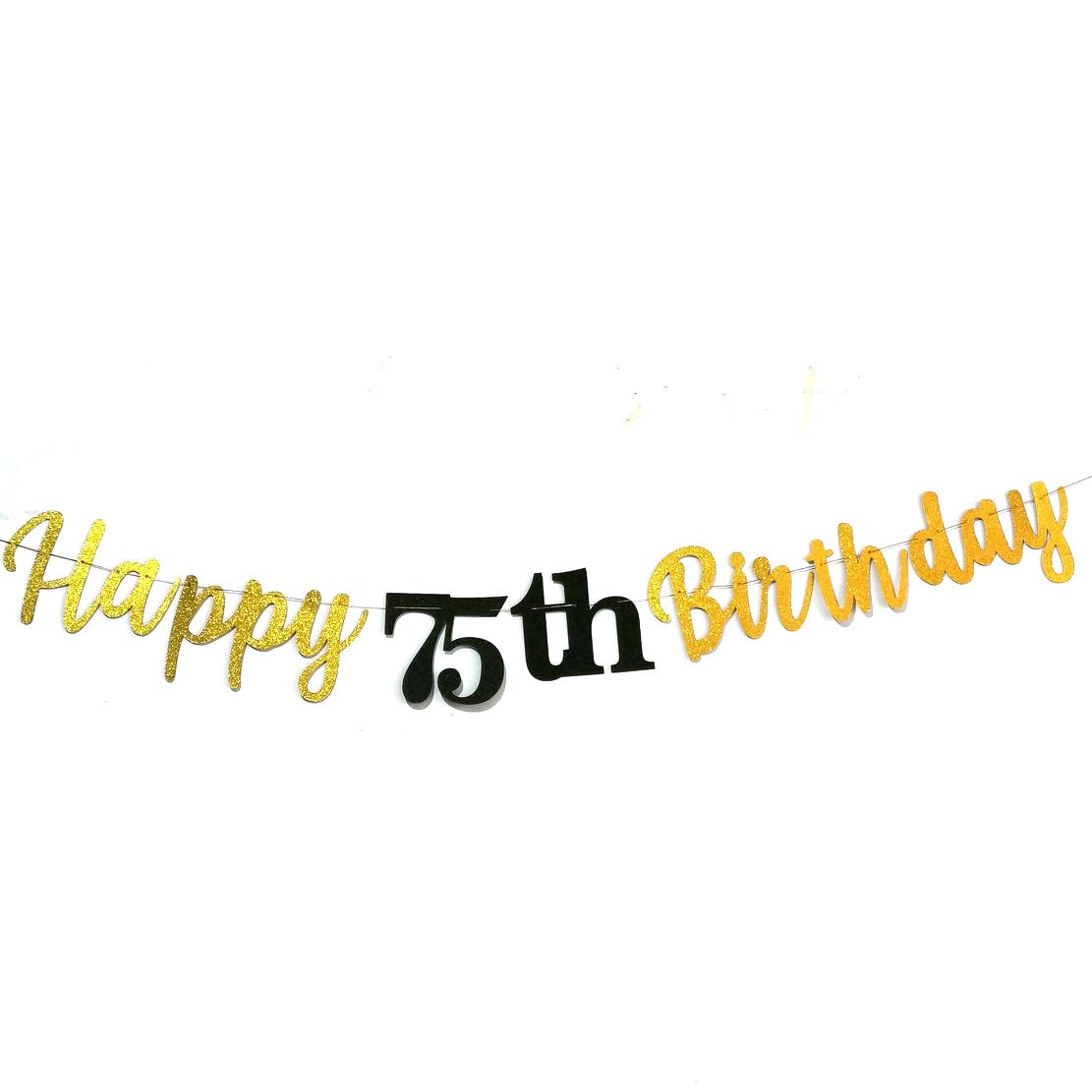 Glitter Happy 75th Birthday Banner, Black and Gold Happy 75th Birthday Banner Sign, 75th Birthday Party Decorations Supplies Pre - Strung (Black)