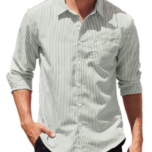 COOFANDY Men Striped Button Down Shirts Slim Fit Untucked Shirt Dress Shirt Jackets Light Green