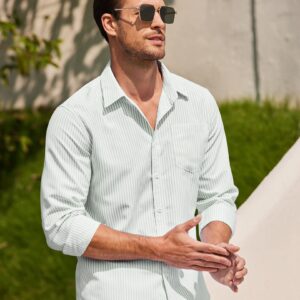 COOFANDY Men Striped Button Down Shirts Slim Fit Untucked Shirt Dress Shirt Jackets Light Green