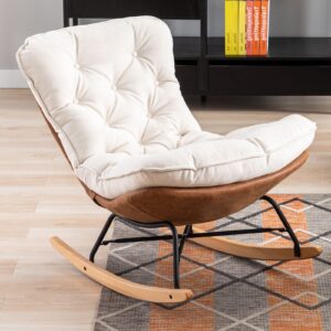 lzareal rocking boho glider chair for nursery comfy accent chairs for living room/bedroom, side rocker chair with back tufted design upholstered fabric padded seat with solid wood base, linen-cream