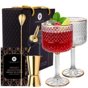 vemacity luxury gin glasses set of 2 w/gold rims| gold spoon, spirit measure, spirit pourer & recipe e-book| crystal gin glass gift set| aperol spritz glasses| cocktail glasses| gin glasses for women