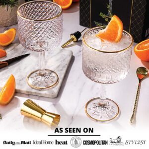 Vemacity Luxury Gin Glasses Set of 2 w/Gold Rims| Gold Spoon, Spirit Measure, Spirit Pourer & Recipe e-Book| Crystal Gin Glass Gift Set| Aperol Spritz Glasses| Cocktail Glasses| Gin Glasses for Women