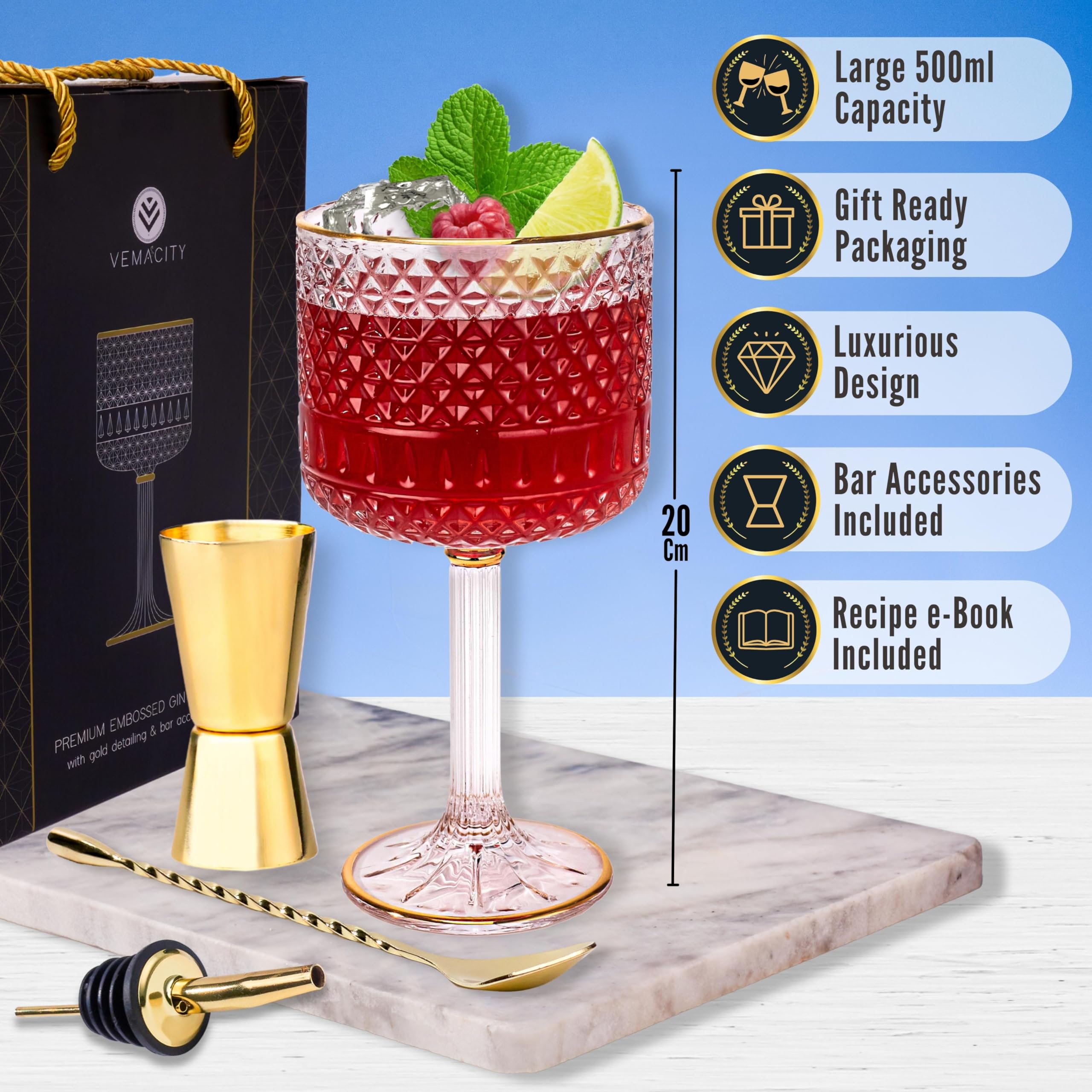 Vemacity Luxury Gin Glasses Set of 2 w/Gold Rims| Gold Spoon, Spirit Measure, Spirit Pourer & Recipe e-Book| Crystal Gin Glass Gift Set| Aperol Spritz Glasses| Cocktail Glasses| Gin Glasses for Women