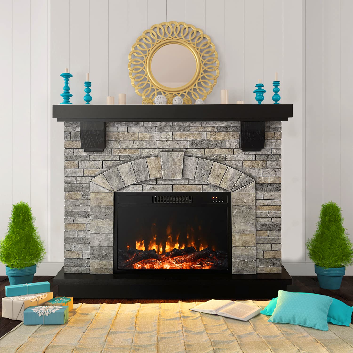 Cloud Mountain Electric Fireplace with Mantel, Tall Fire Place Heater Freestanding with Remote Control Timer LED Flame for Living Room Bedroom